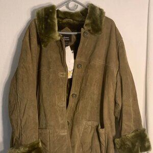 Dennis Basso Women's Genuine Leather Green/Camel Suede And Faux Fur Coat Plus 1X